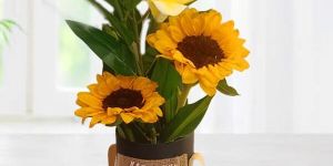 Sunflower & Yellow Lily Arrangement with Happy Birthday