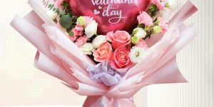 Valentines Day Heart Balloon and Flower Bouquet