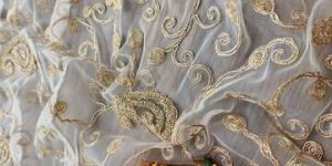 White Golden Paisleys Net Fabric