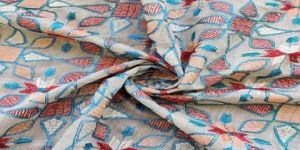 White Multicolour Floral Kantha Embroidered Chanderi Fabric