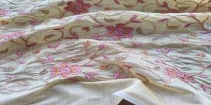 Yellow Flowers Dori Embroidered Chanderi Fabric
