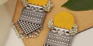 Unique Handmade Round Handloom Yellow Fabric Partywear Dangler Women Earring