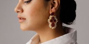 Wine Red Gold Stone Pearl Women Earrings