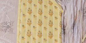 Yellow Self Weaved Cotton Suit with Embroidered Chiffon Dupatta