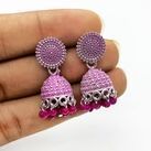 TRADITIONAL GOLD PLATED FLORAL PINK OXIDIZED JHUMKAS