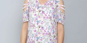 White Floral Asymmetric Women Top