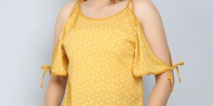 Yellow Polkadot Cold-Shoulder Women Top