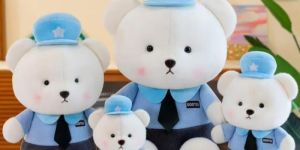 Blue and White Cotton Teddy Bear Toy with Cap