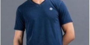 Men Blue Plain V Neck T-Shirt