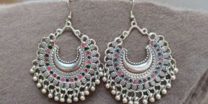 JJO5 Ladies Afghan Silver Oxidized Chandbali Earrings