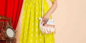 Women Round Neck Yellow Border Printed Kurti