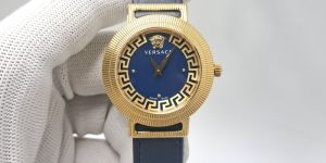 Versace Greca Chic Gold Blue Dial Leather Strap Swiss Watch