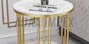 Round Marble Top Side Table with Shelf Golden Rod Frame