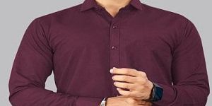 Mens Wine Plain Cotton Full Sleeve Shirt