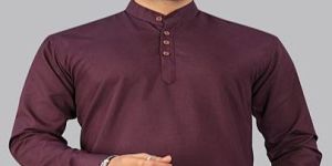 Mens Wine Plain Cotton Short Kurta