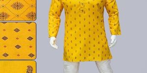 Mens Yellow Cotton Slub Printed Kurta Pajama Set