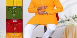 Mens Yellow Embroidered Semi Cotton Kurta Pajama Set