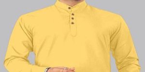 Mens Yellow Plain Cotton Short Kurta