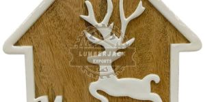 Wooden House Shaped Ornament with Reindeer & Text