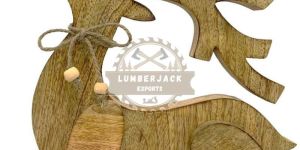 Wooden Seated Reindeer Sculpture with Twine Bow