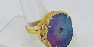 Druzy Quartz Multi Color Stone Brass Ring