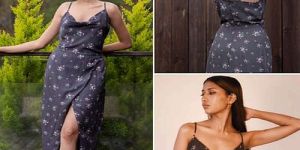 Printed Black Satin Cowl Neck Dress