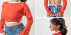 Red Cotton Ribbed Open Back Cross Tie Full Sleeve Crop Top