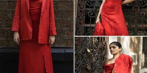 Red Viscose Satin A-line Cowl Neck Maxi Dress With Blazer
