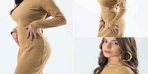 Women Beige Rib Side Cut Out Bodycon Midi Dress