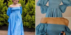 Women Blue Off Shoulder Smoked Dress