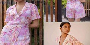 Women Pink and White Floral Printed V Neck Linen Jumpsuit