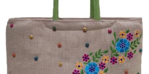 Multicolored Hand Embroidery Jute Hand Bag