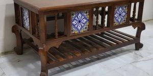 Tile Inlay Slatted Shelf Coffee Table