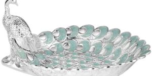 Platter with Peacock Half Pastel Sky Blue