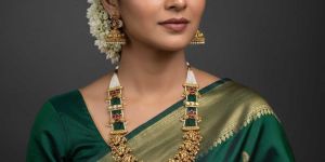 Traditional Rajwadi Polish Long Necklace Set with Temple Motifs and Full Stone Work