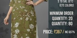 Olive Green V Neck Rayon Floral Printed Kurti