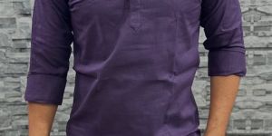 Purple Cotton Plain Men Short Kurta