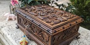 Rectangular Hand Carved Wooden Chest
