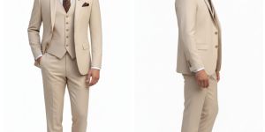 Mens Party Wear Cream Cotton Three Piece Suit