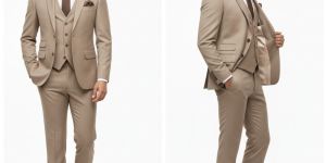 Mens Plain Cotton Beige Three Piece Suit