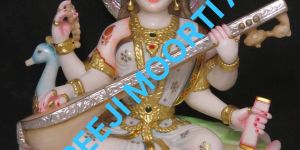 Painted Marble Maa Saraswati Statue