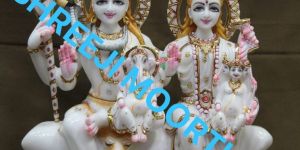 White With Gold Shiv Parvati Marble Statue