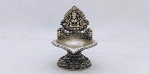 Hallmarked Silver Kamakshi Lamp with Peacocks in Antique Finish