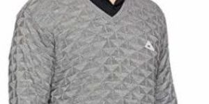 Mens Grey Textured V-Neck Sweater with Logo