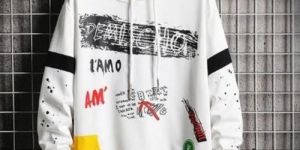 mens white multi graphic street wear hoodie