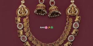 Traditional Gold Plated Temple Necklace Set with Elephant Motif & Jhumka Earrings