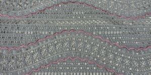 Grey Wavy Line Sequin Embroidered Silk Fabric