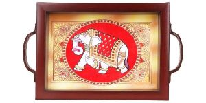 Tanjore Glass Painting Wooden Tray With Handle