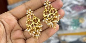 Ladies Golden & White Stone Kundan Earrings