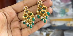 Ladies Green & White Stone Kundan Earrings